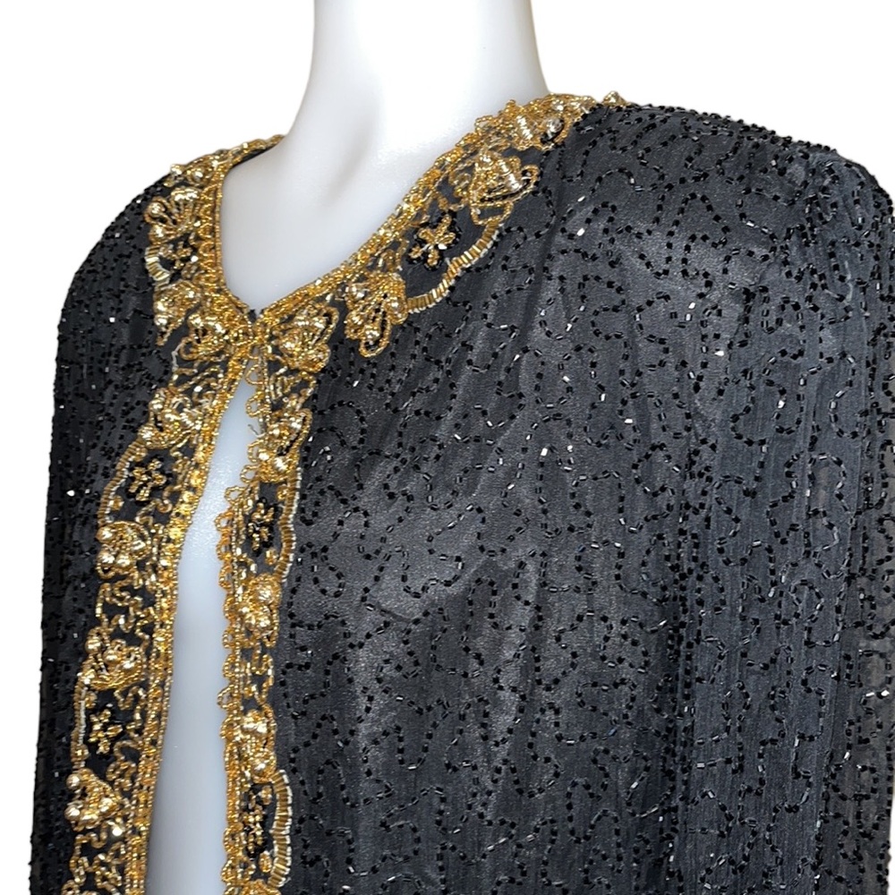 Vintage 80s SWEELO Black & Gold Beaded Long Evening Jacket sz 10/12